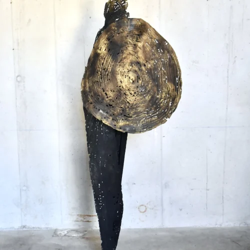 Sculpture abstraite contemporaine en acier corten et inox pour le jardin et l'interieur de l'artiste sculpteur francais julien allegre